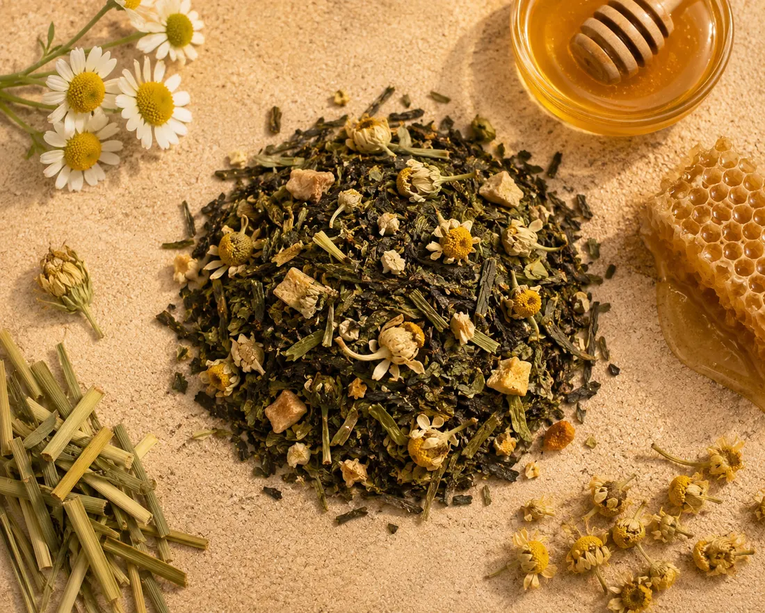 Blend 03 ingredients: Green tea, Chamomile, Honey flavouring