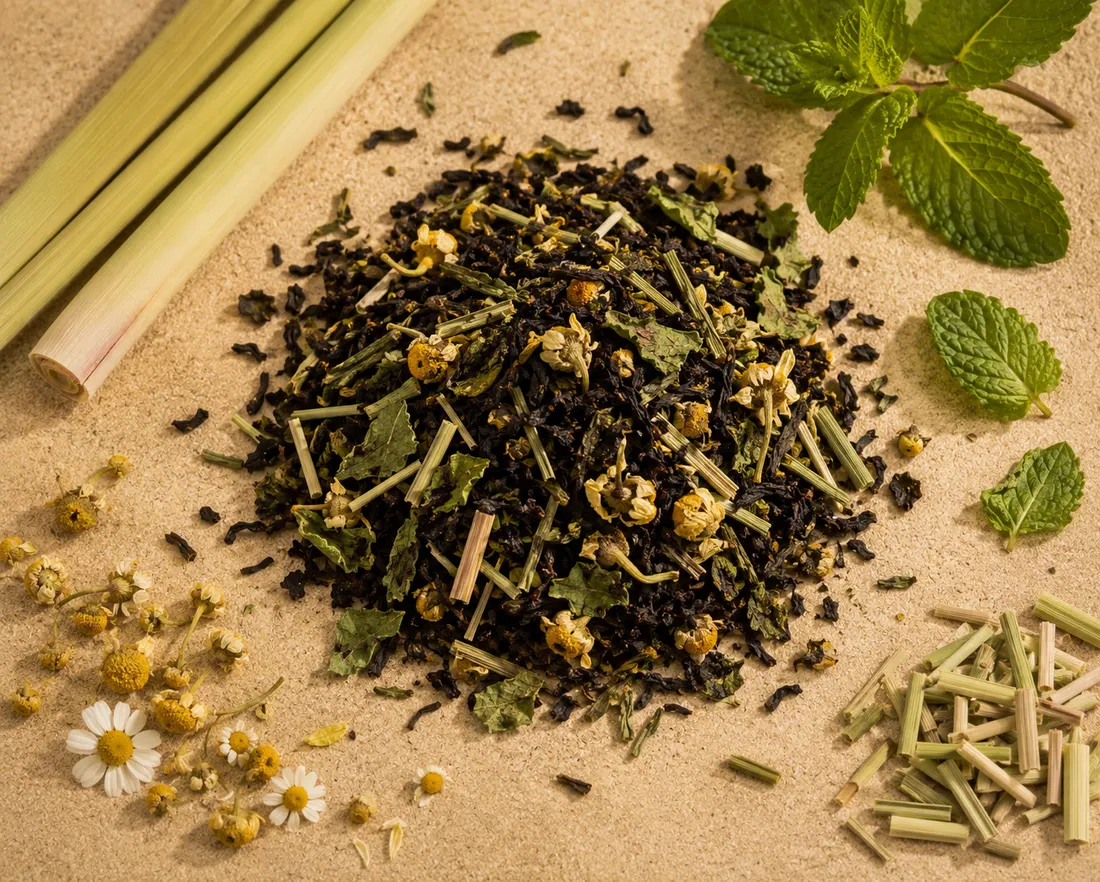 Blend 06 ingredients: Black tea, Green tea, Chamomile, Peppermint, Lemongrass