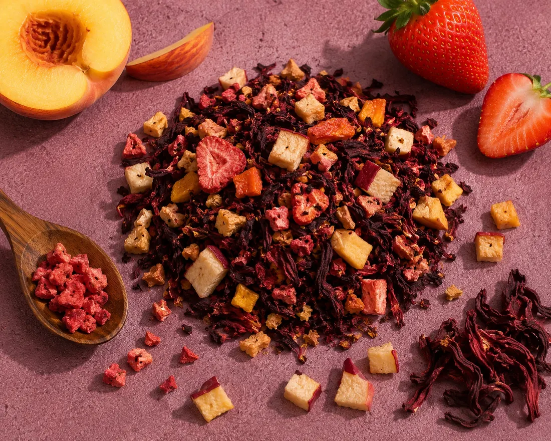 Blend 08 ingredients: Apple, Hibiscus flower, Stevia, Strawberry granules