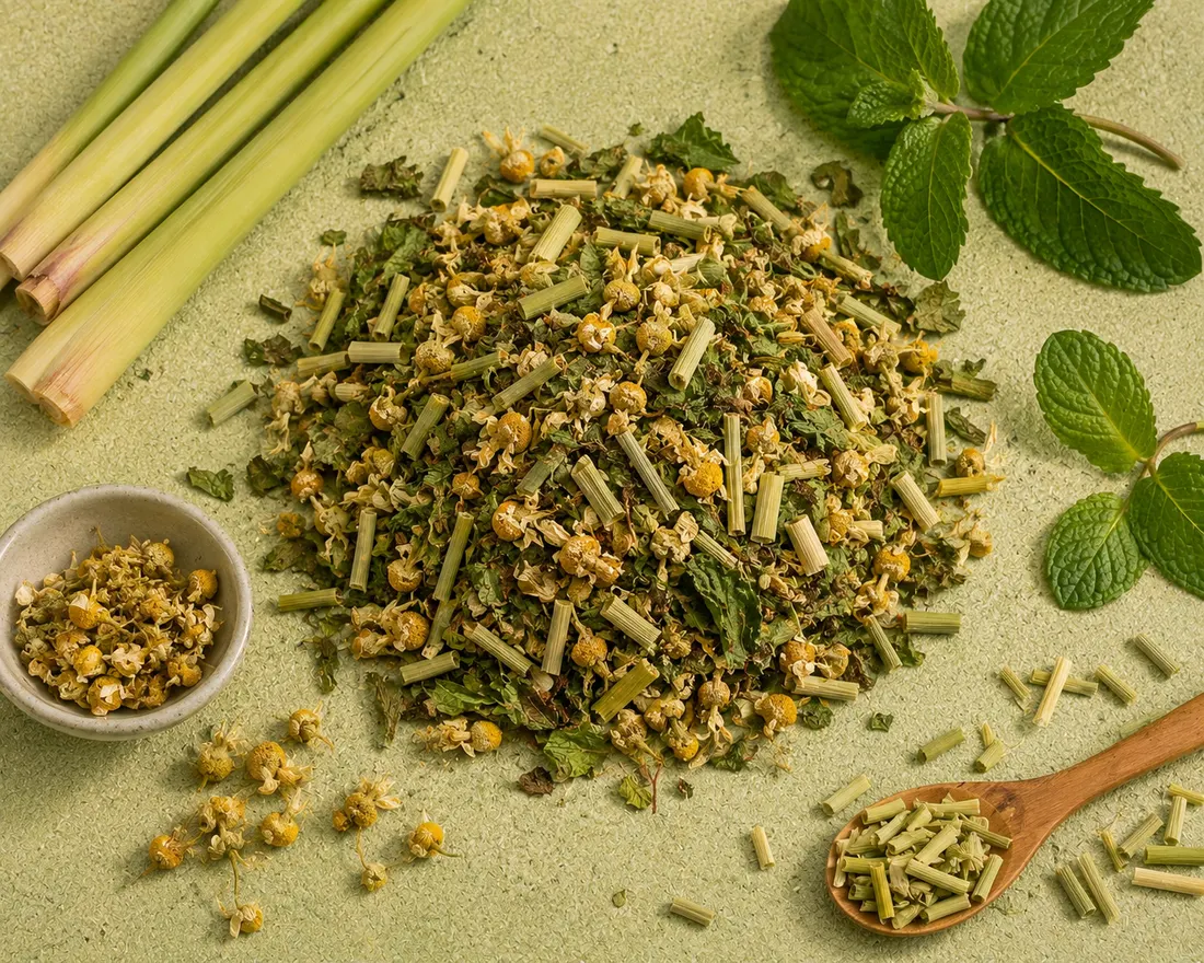 Blend 11 ingredients: Chamomile flower, Lemongrass, Mint