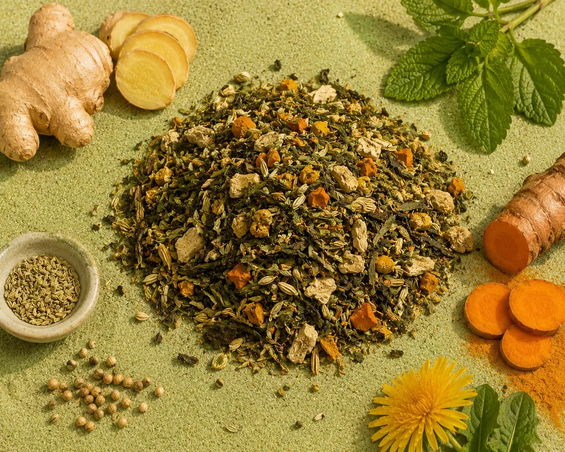 Blend 14 ingredients: Green tea, Dried coriander, Fennel, Ginger, Dandelion, Turmeric root, Lemon verbena