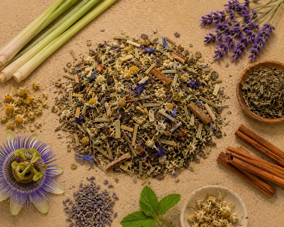 Blend 17 ingredients: Passion flower leaf, Blue lotus, Lavender buds, Lemongrass, Cinnamon, Chamomile flower, Lemon verbena
