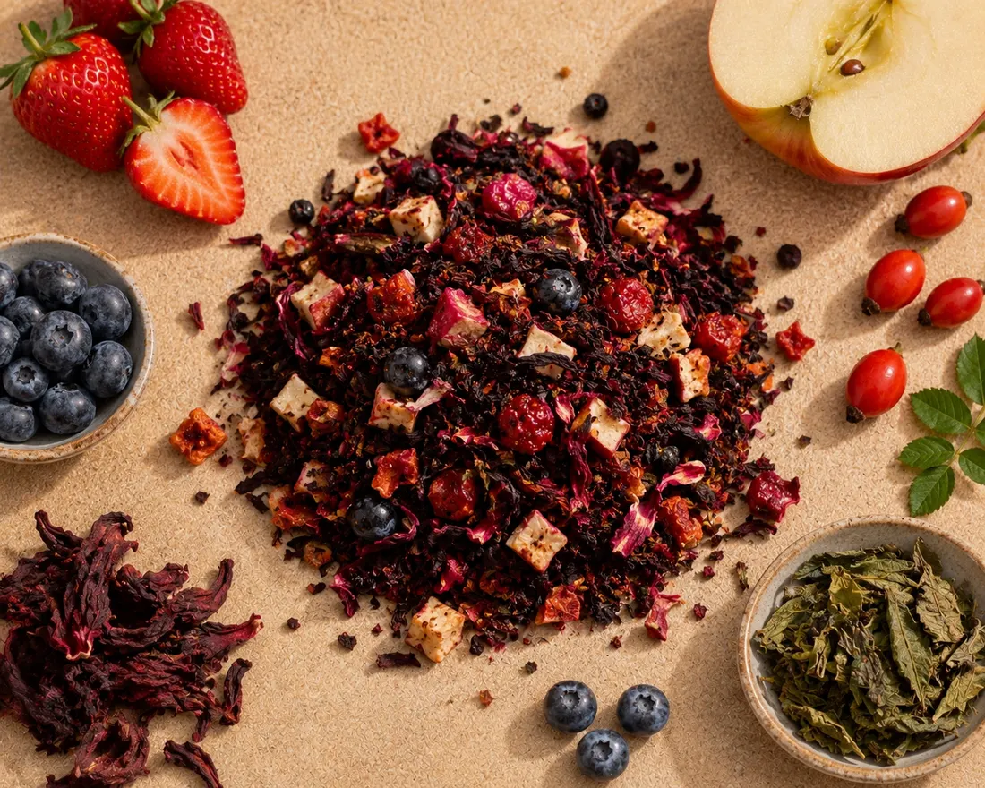 Blend 18 ingredients: Hibiscus flower, Strawberry, Apple, Rosehip, Blueberry (whole), Sweet blackberry leaf, Elderberry (whole)