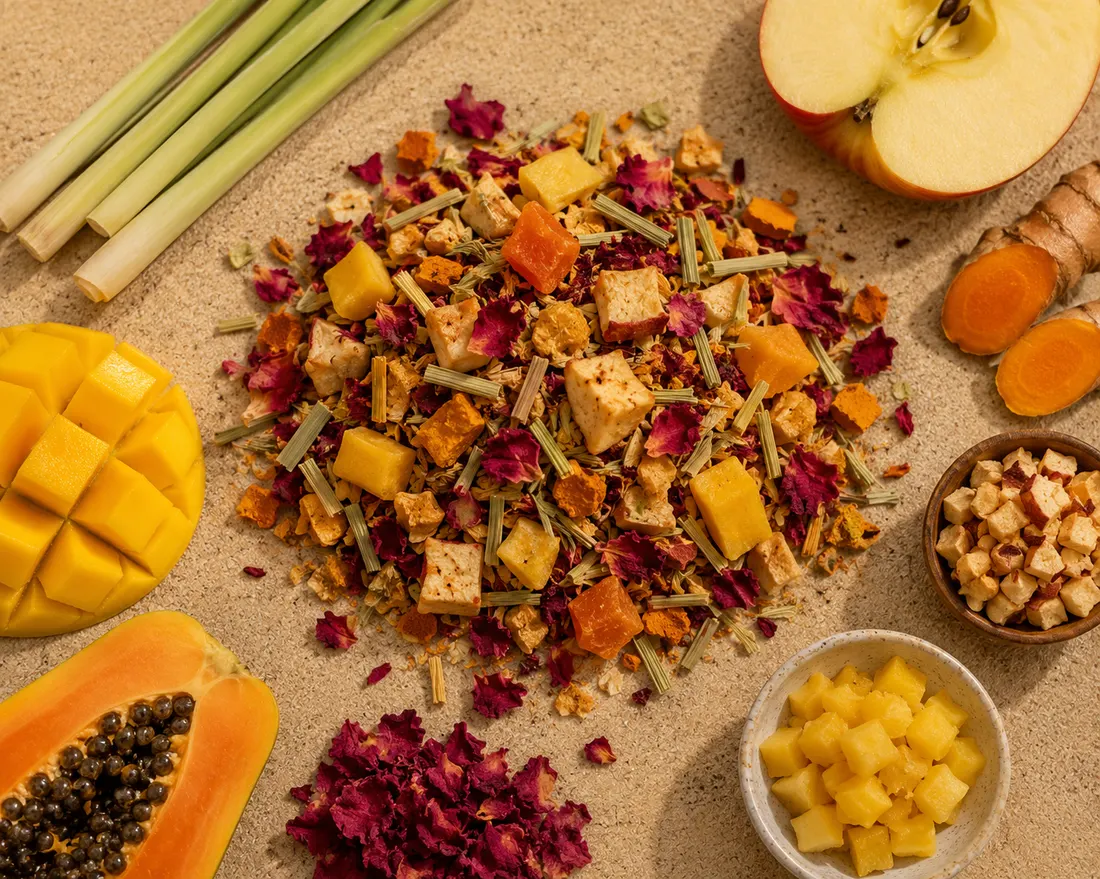 Blend 19 ingredients: Mango dice, Papaya dice, Lemongrass, Apple, Turmeric, Red rose petals, Natural flavouring
